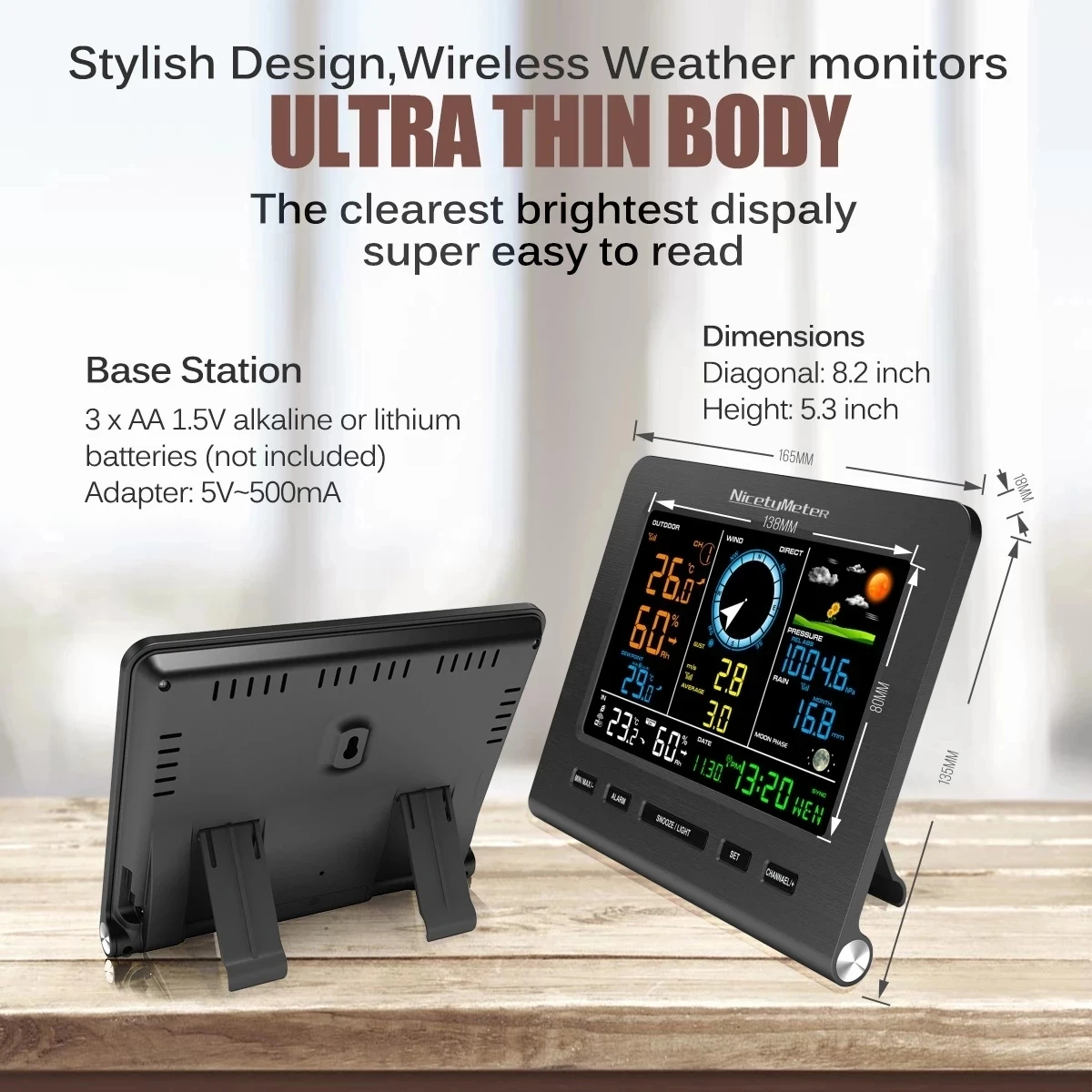 Internet Wireless Weather Station Weather Forecast Temperature Pressure Humidity Wind Rain Gauge Moon Phrase Alarm Clock Tester