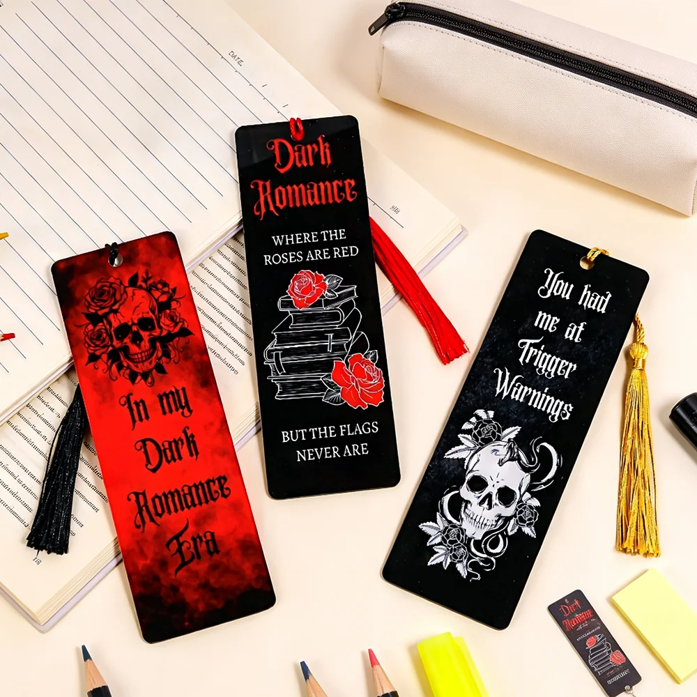 Gothic Dark Romance Acrylic Bookmark with Tassel, Rose Skull Book Markers, Vintage Gothic Book Lover Reading Gift