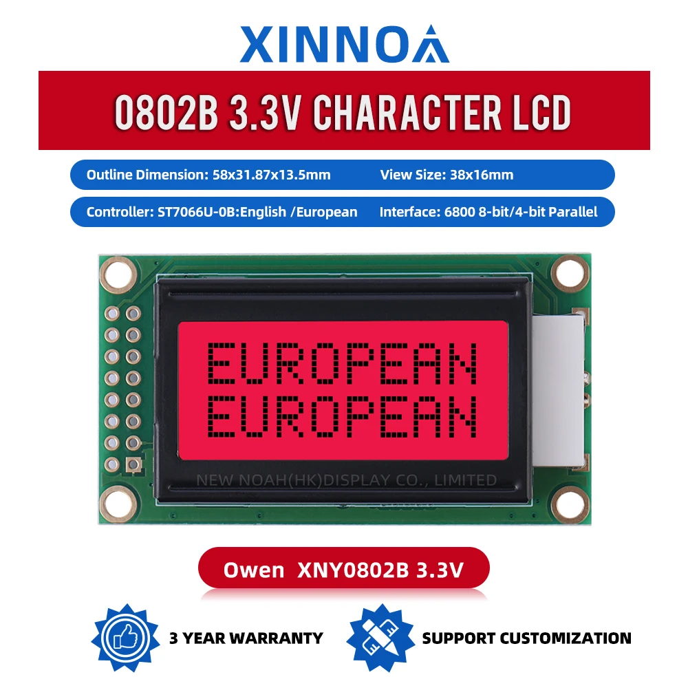 European Red Light Black Letters 0802B 3.3V Character LCD Display Screen 8*2 0802 8X2 Ready To Ship LCM Display Module In Stock