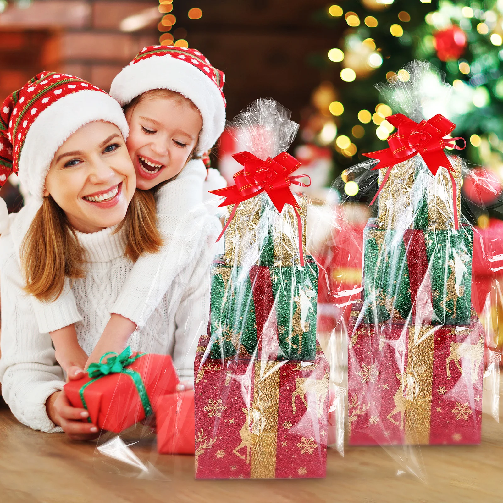 

5 pcs Extra Large Clear Cellophane Bags 75x100CM with Red Bows for Gift Basket Wrapping Holiday Treat Storage Plastic