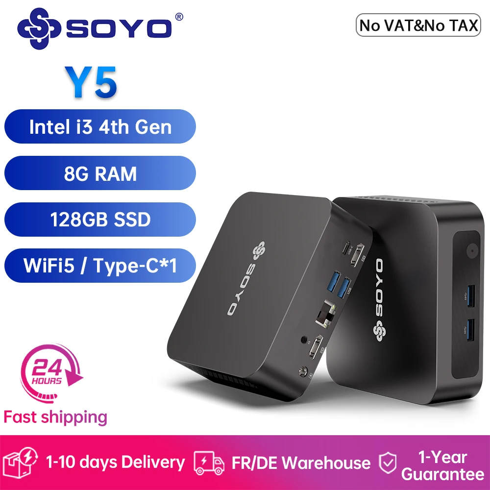 SOYO Y5 Mini PC Intel Core i3 4th 8G RAM 128GB SSD Miniordenador Windows 10 Pro 4K Pantalla dual Ordenador de escritorio WiFi 5 Type-C