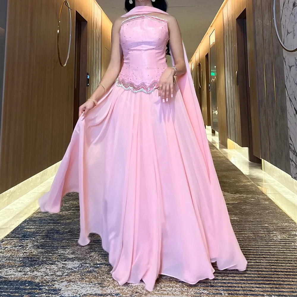 

Customized A-line Evening Dresses Floor-length Strapless Sleeveless Prom Gown Fashion Sequined Crystal Stole Draped Party Gown