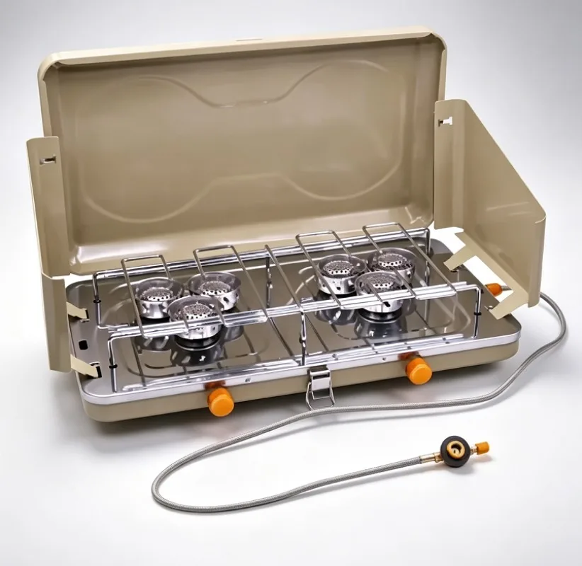 High Power Double Burner Gas Stove with Oven, Foldable Windproof Camping Cooker Propane BBQ for Outdoor