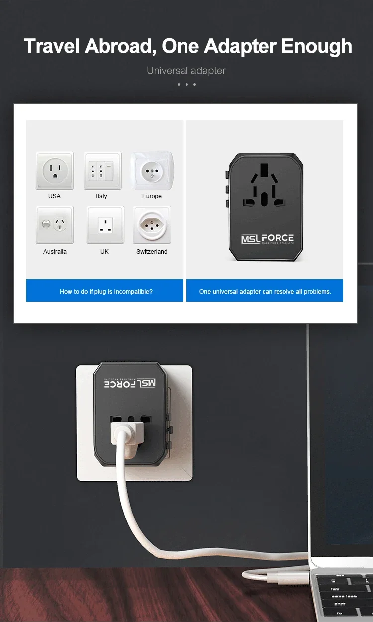 universal travel plug adapter 4 usb multiple ports charger type c 230v 1840w Socket wall charger for iPhone 15 pro max laptop