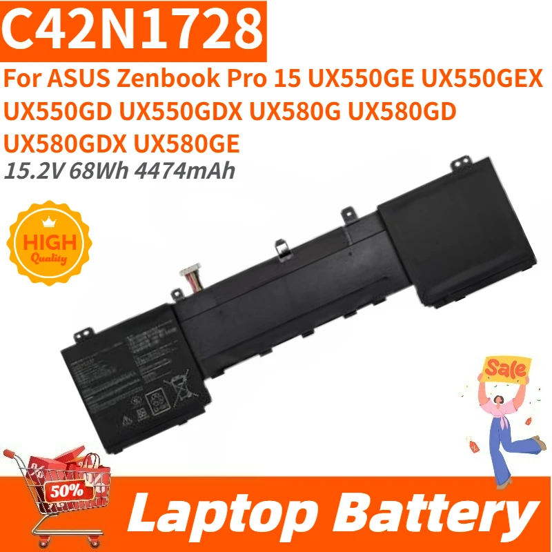 High Capacity C42N1728 Laptop Battery 15.2V 68Wh 4474mAh for ASUS Zenbook Pro 15 UX550GD UX550GDX UX550GE UX550GEX UX580G
