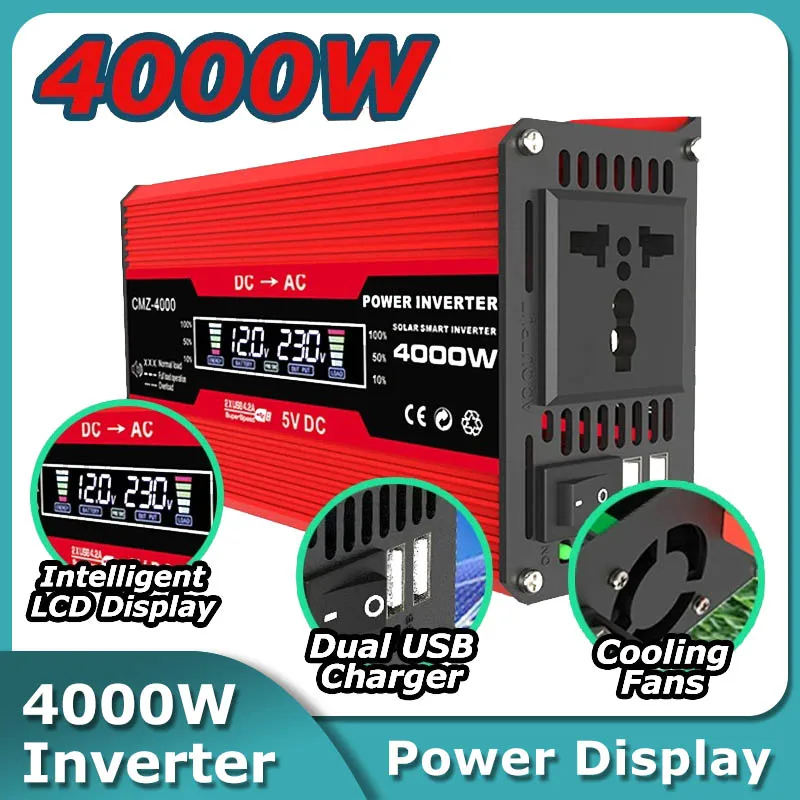 Power Inverter 4000W DC 12V To AC 220V Transformer with Universal USB Plug-in Charging with LED Display for RV Camping Car Home