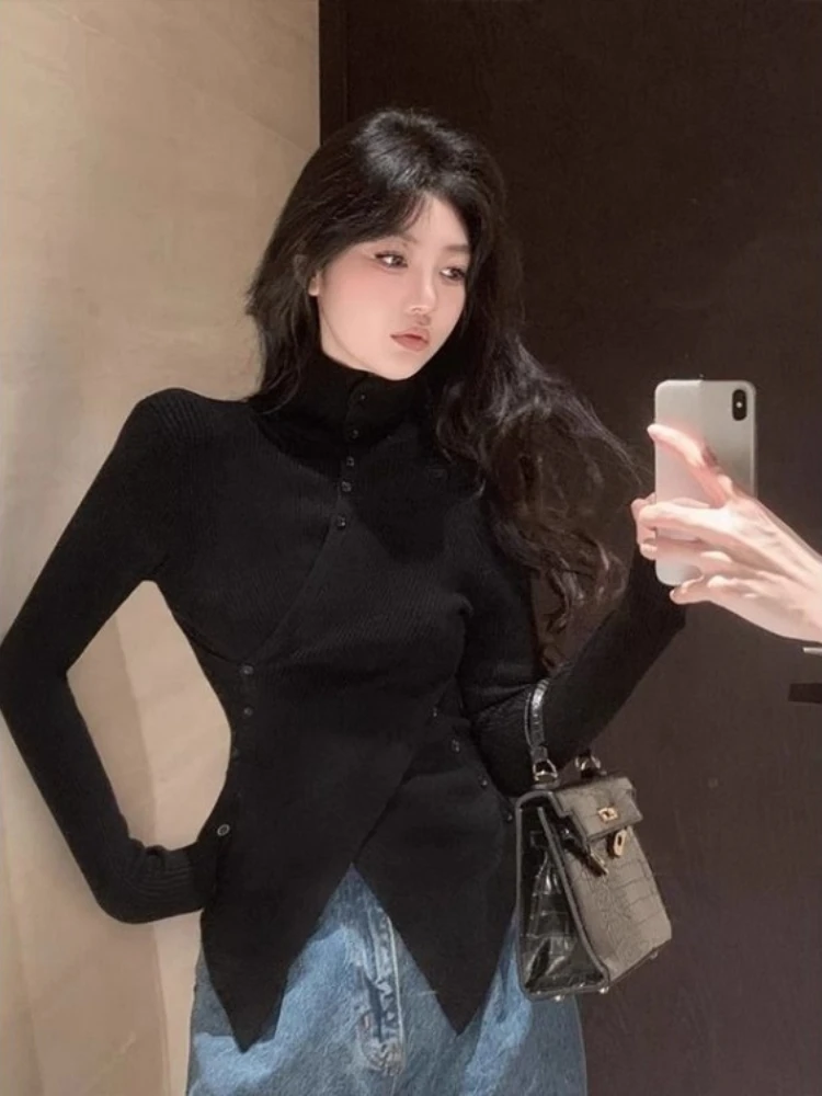 

Harajuku Black Turtleneck Sweaters Y2k Fashion All-match Lazy Bottoming Knitted Pullover Autumn Winter New Slim Fit Top Women