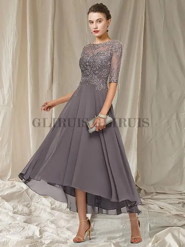 A-Line Mother of the Bride Dress Jewel Neck Asymmetrical Ankle Length Chiffon Lace Half Sleeve with Pleats Appliques