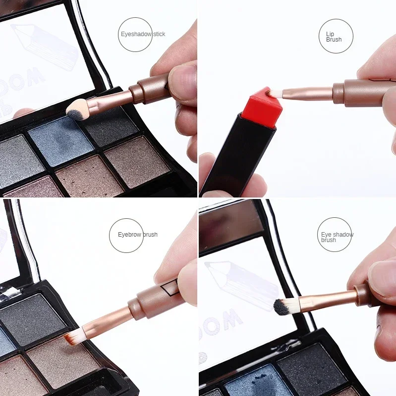 Portable Retractable 4 In 1 Professional Makeup Brush for Lip, Eyeliner and Eye Shadow, Travel Outdoor with Plastic Handle