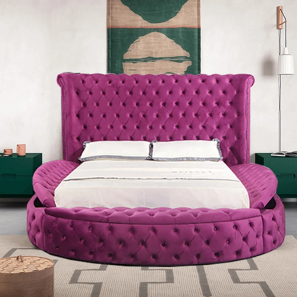 

# Luxury Design for Bedroom Furniture Soft Grey Velvet Upholstered Circle Bed California King Size Bed With Storage Bed Frame