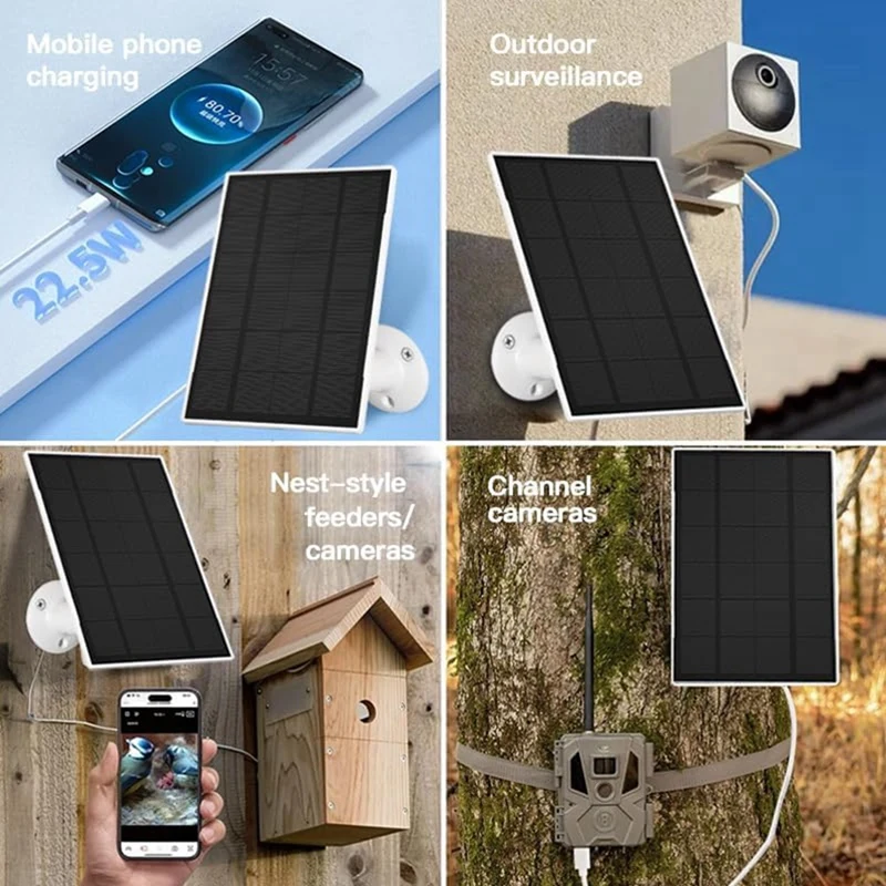 FULL-3W Solar Panel For Outdoor Security Cameras, Built-In Rechargeable Battery, Micro-USB & USB-C Charging, IP65 Waterproof