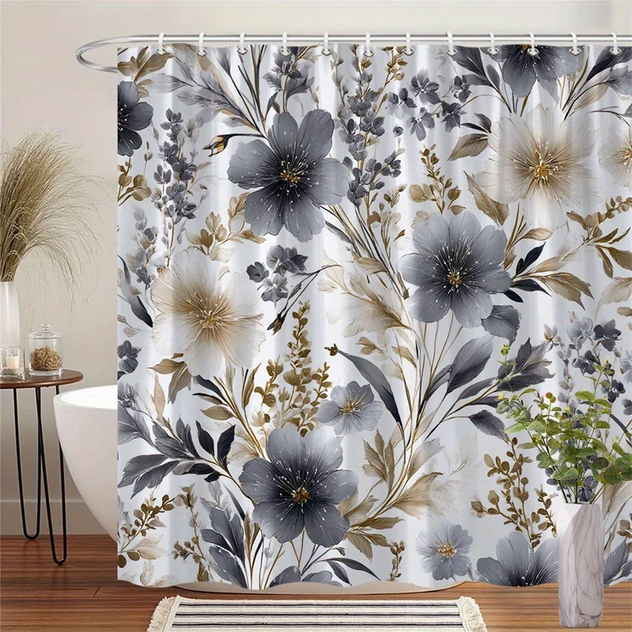 

1-серо-бежевая занавеска для душа с цветочным принтом, элегантные белые и бежевые цветы, темные цветы и нежные листья, с крючком