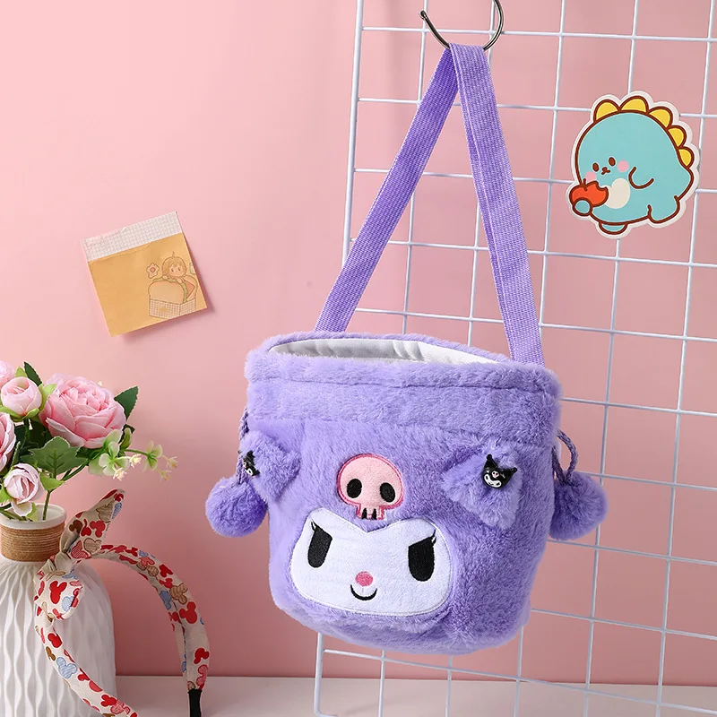 Sanrio Snack Bag Cinnamonroll Mymelody Cartoon Plush Kuromi Young Girl Shoulder Bucket Drawstring Crossbody Bag Birthday Gift