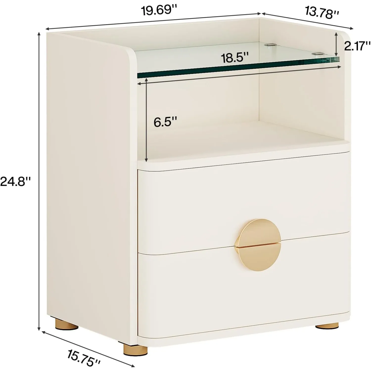 Nightstand with 2 Drawers, Modern Nightstand with Open Storage Shelf, White Bed Side Table for Bedroom, Living Room