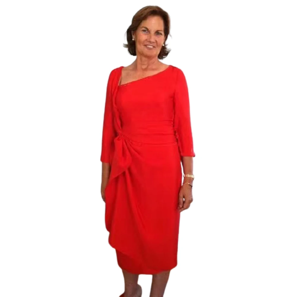 

Vibrant Red Knee-Length Groom Mother of the Bride Asymmetrical Irregular Triangle Neckline Three Quarter Sleeves Formal Dinner