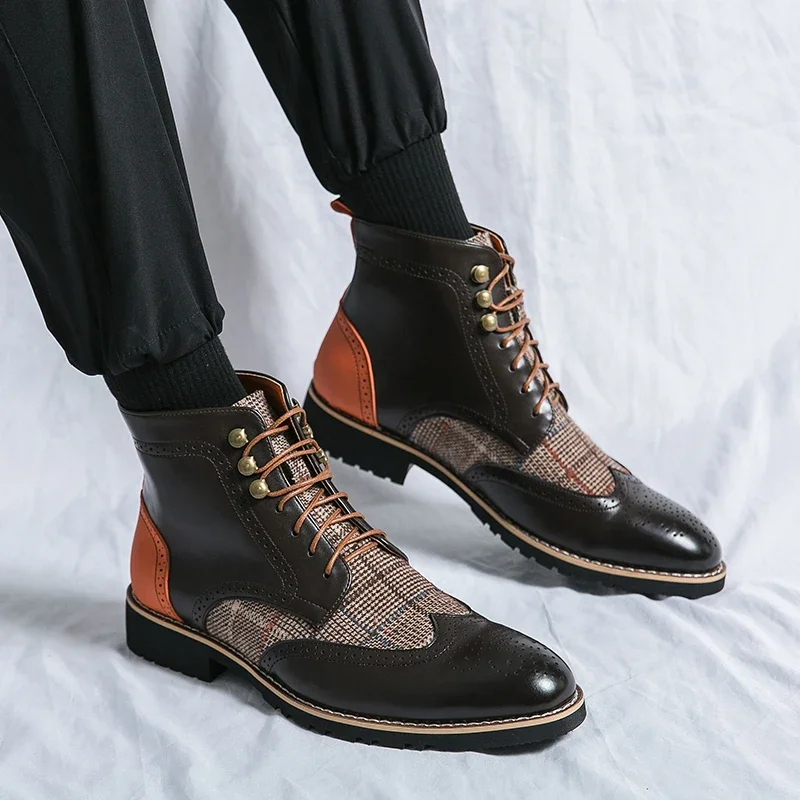 Brand Classic Brown High-top Men Dress Shoes Size 38-48 Pointed Tip Formal Shoes Men Lace-up Leather Boots for Men Vintage Boots