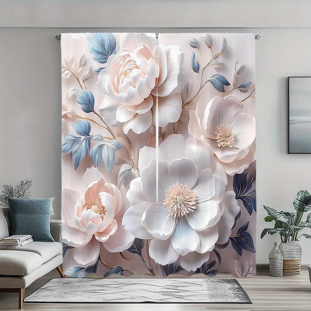 

2pc Peony floral pattern curtains, made of polyester fabric, machine washable, suitable for bedroom and living room décor.