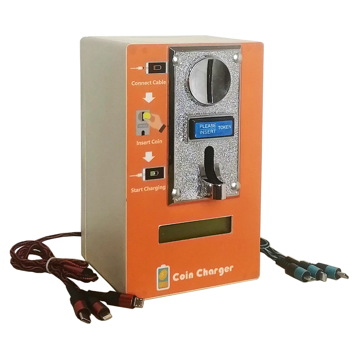 Tecnología 3 en 1 Cable cargador USB Barato Teléfono que funciona con monedas Carga móvil Máquina expendedora Servicio de cargador en restaurantes
