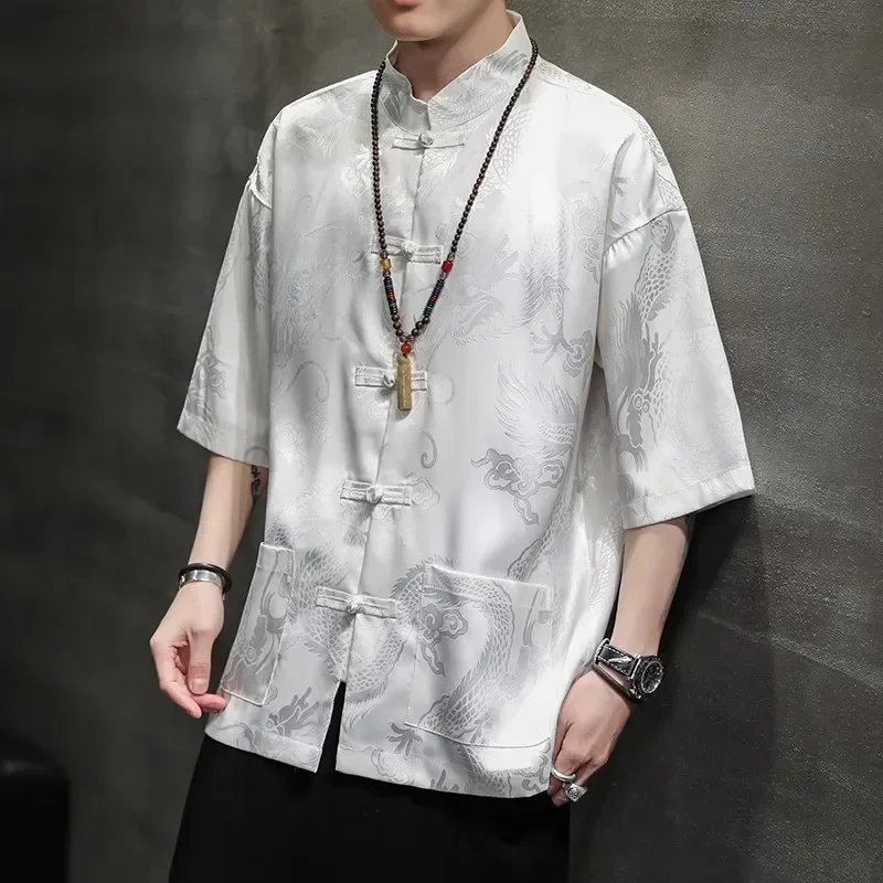 High Quality Summer Chinese Traditional Dress Dragon Embroidery Shirt Men Clothing Ice Silk Half Sleeve Vintage Tops Plus Size