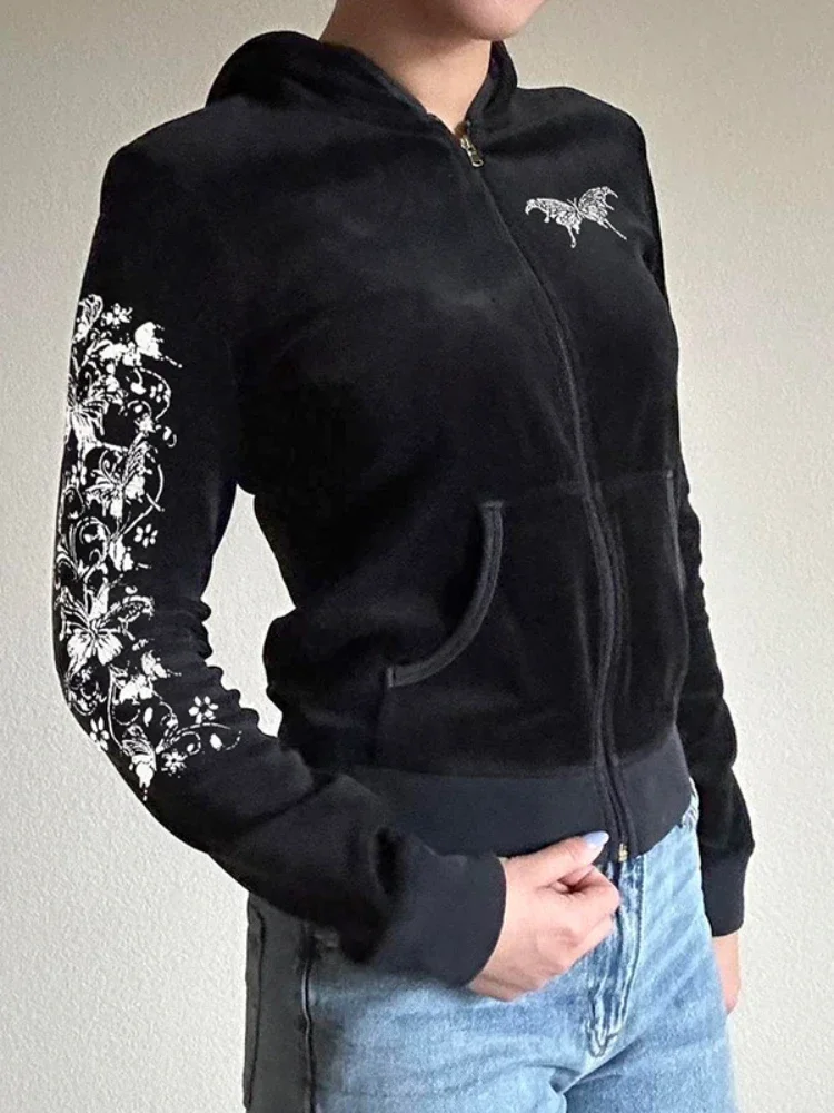 

2025 New Vintage Gothic Velvet Sweatshirt Women Streetwear Hotsweet Butterfly Print Long Sleeve Hooded Cardigan Y2k Warm Outfit