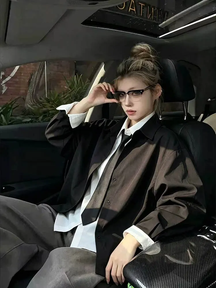 American College Style Men's Long Sleeve Shirt with Fake Two-Piece Tie Suit Polyester Fiber Non-Shrinkage Autumn Fashion