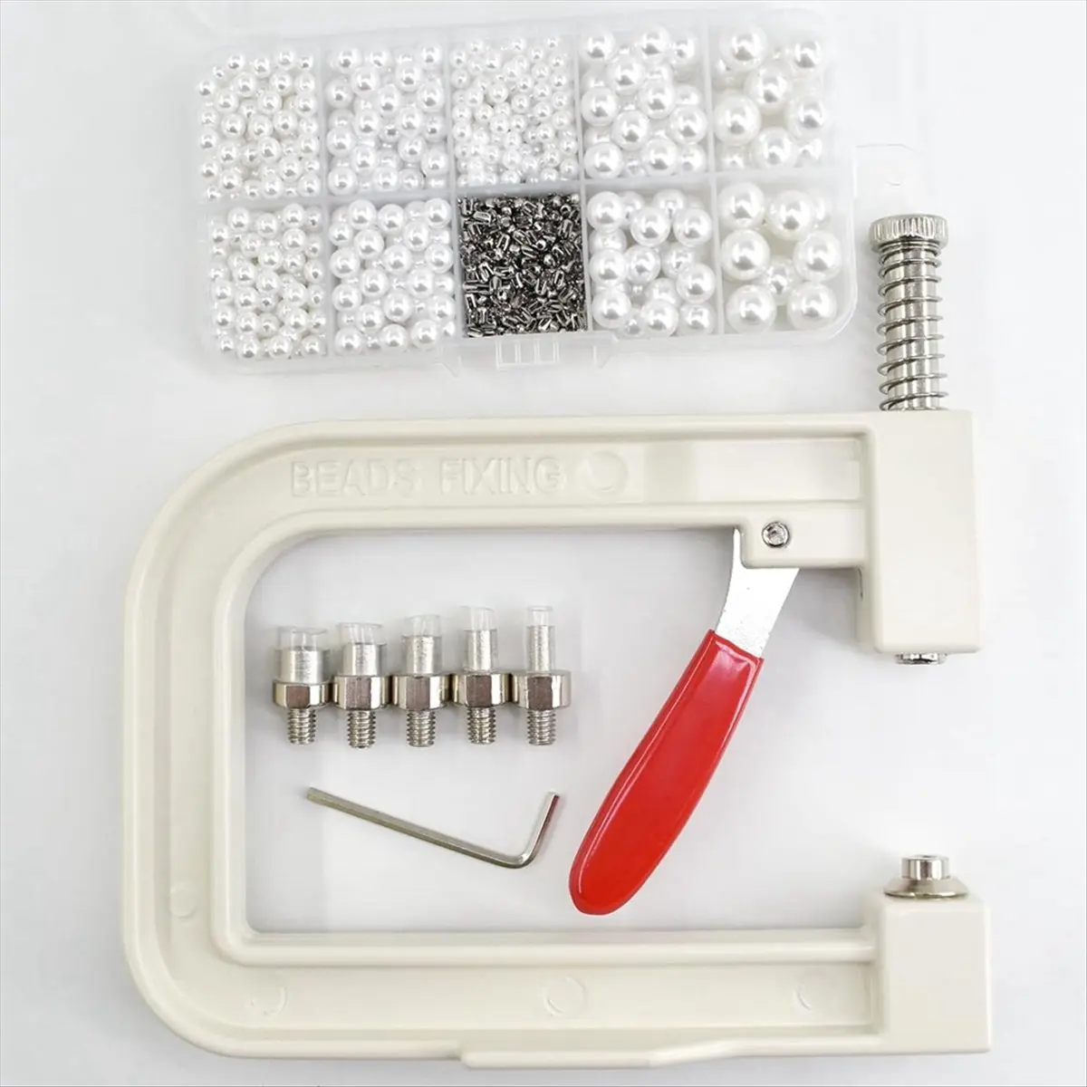 

A45I Pearl Setting Machine Hand Press Tools with 5 Size of Round White Pearl Beads Rivet Studs for Decorating Clothes