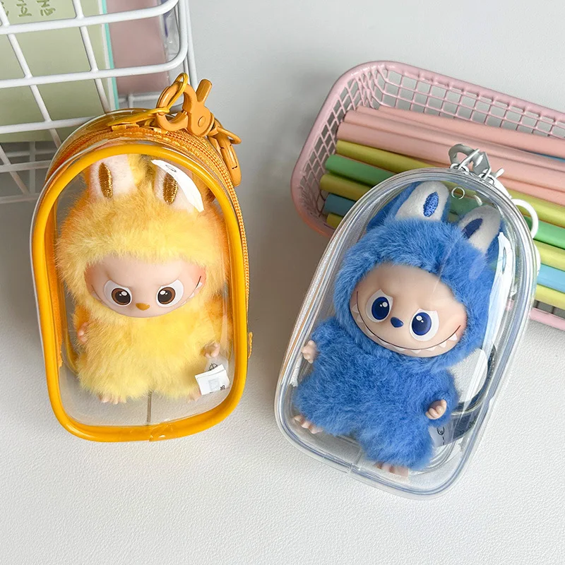 ل Labubu V4 حافظة حماية ملونة شفافة إكسسوارات دمي صندوق منظم حقيبة عرض دمية قطيفة في الهواء الطلق مع سلسلة مفاتيح