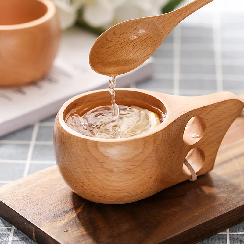 Handmade Wooden Kuksa Cup Coffee Mug Camping Travel Drinking Cup Wood Juice Milk Tea Mug Outdoor Drinkware with Hanging Hole