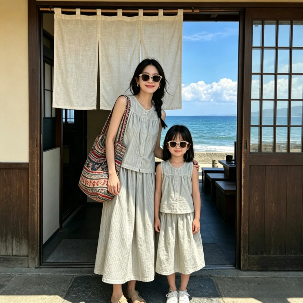 Mom and Daughter 2 Piece Set Family Matching Outfits Korean Style Mommy Me Matching Linen Cotton Sleeveless Vest Skirt Clothes