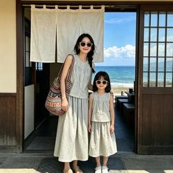 Mom and Daughter 2 Piece Set Family Matching Outfits Korean Style Mommy Me Matching Linen Cotton Sleeveless Vest Skirt Clothes
