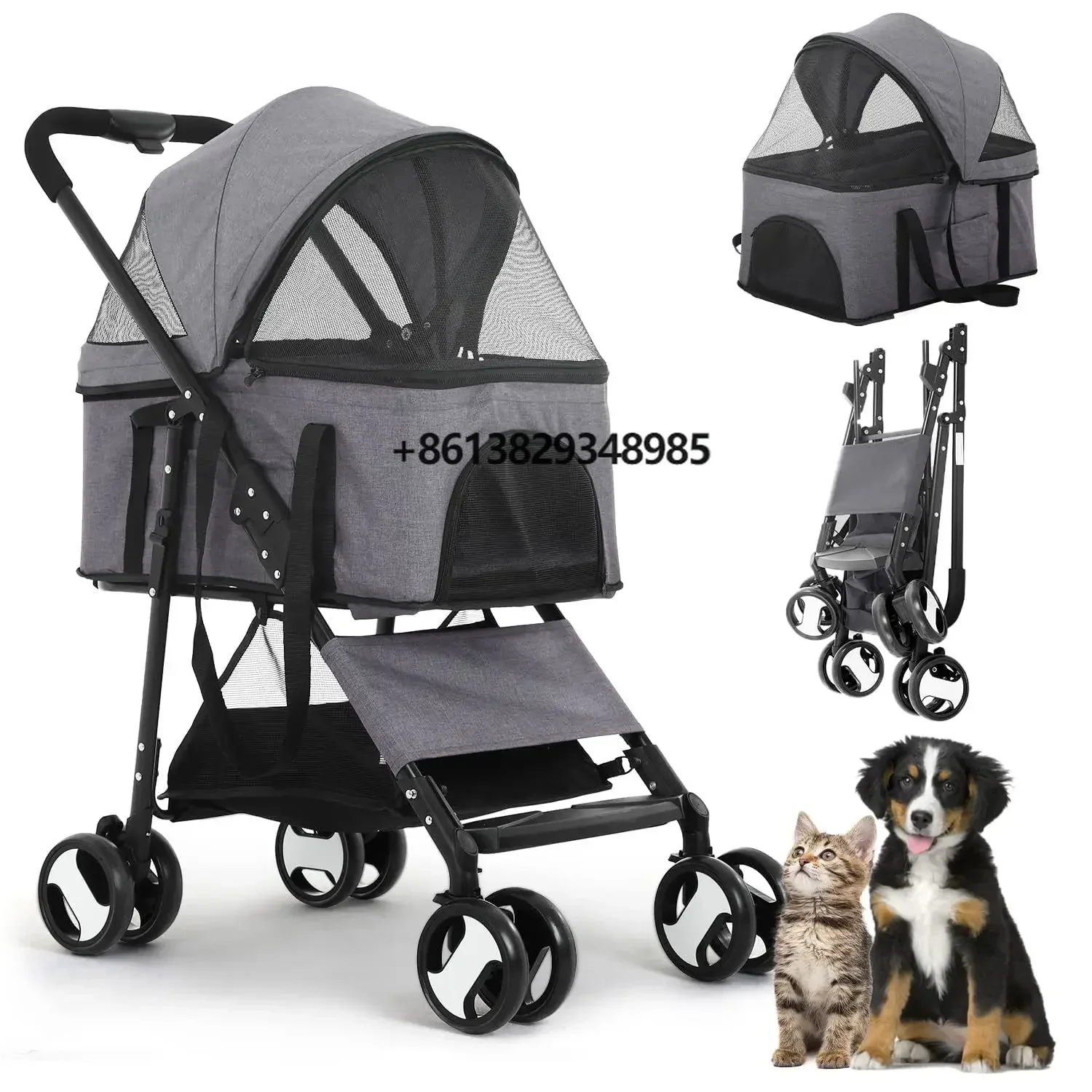 3-in-1 dog cart for small dogs up to 30 pounds with retractable roof cover 4 EVA wheels with shock absorbers