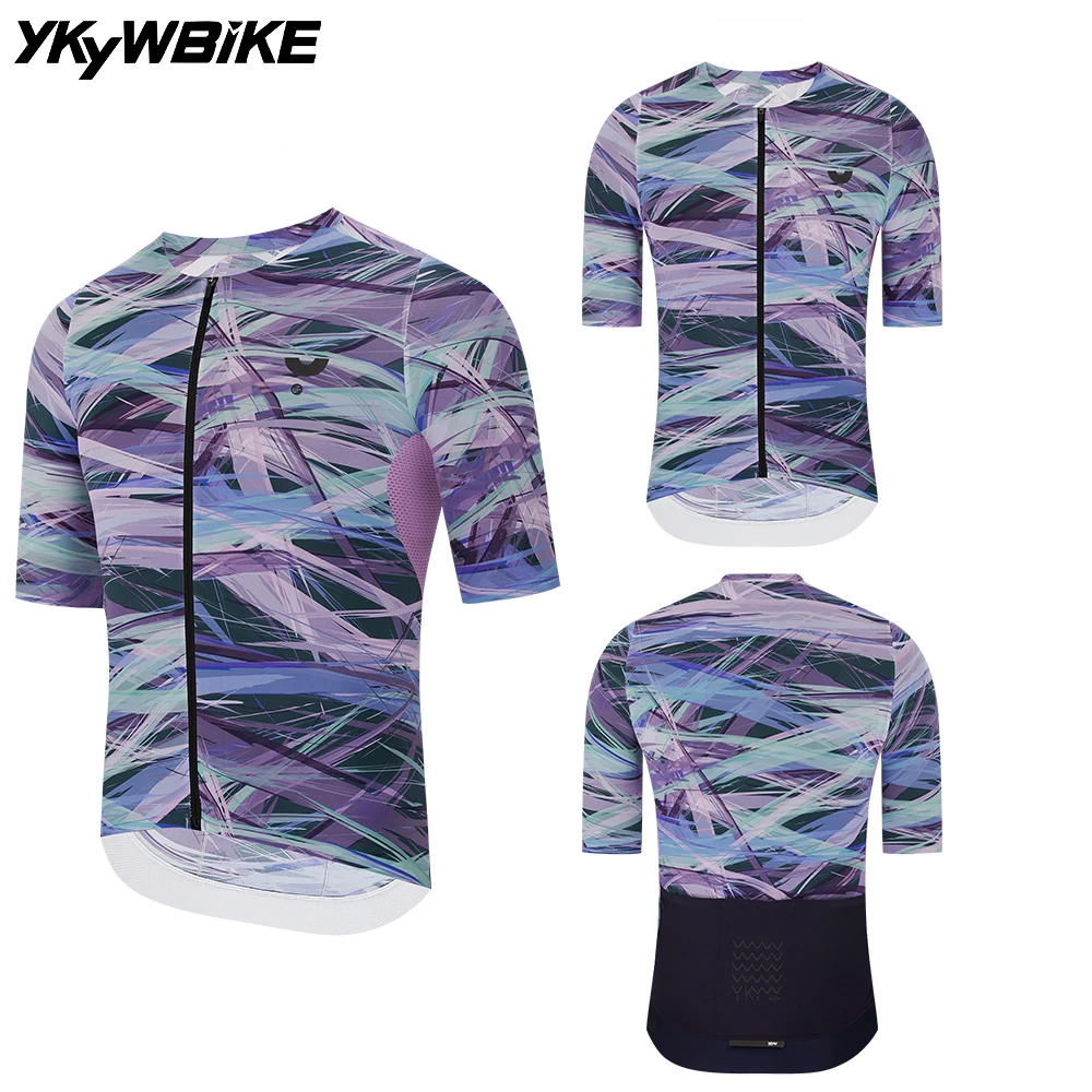 YKYW Herren-Radtrikot, kragenlos, weich, leicht, für Rennräder, atmungsaktiv, Sommer, kurzärmelig, nahtlos, schmal geschnitten