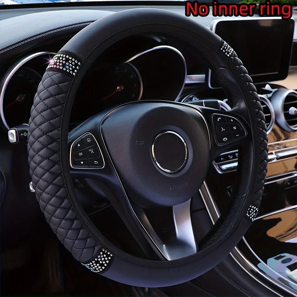 Car Pu Leather Steering Wheel Cover, 14.57-14.96inch Artificial Diamond, New Steering Wheel Cover