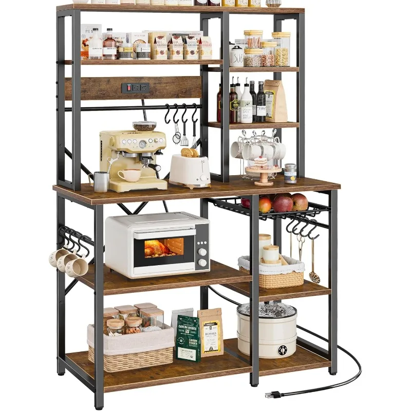 

Large Bakers Rack with Power Outlets, 6-Tier Microwave Stand, Coffee Bar with 12 S-Shaped Hooks, Kitchen Shelf with Wire Basket