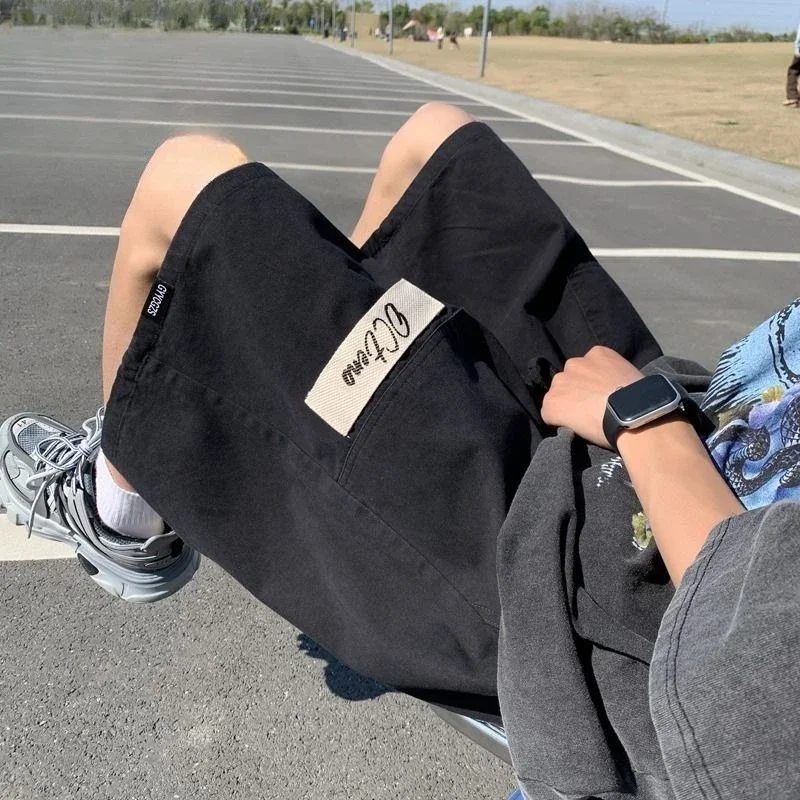 Solto cintura elástica meio sólido largo com bolsos shorts de carga dos homens bermuda calças curtas para homens desenhar corda longo baggy y2k strech