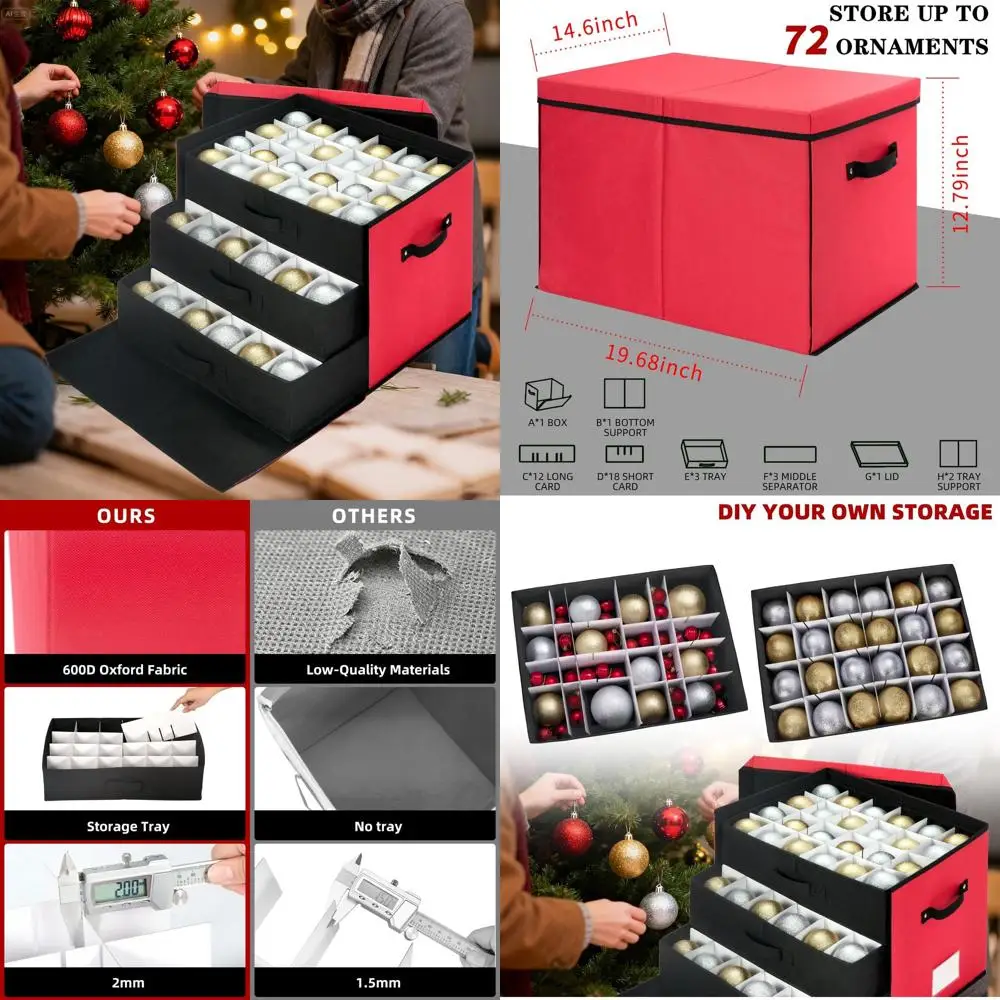 

Ящик для хранения рождественских украшений с регулируемой подошвой, большой контейнер с крышкой для праздничных украшений (72-3 шариков, красный, съемный поднос)