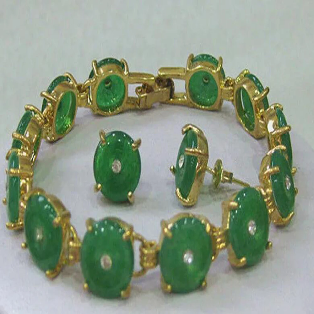 

Fashion 14KGP AAA Natural Green Jade bracelet earrings set