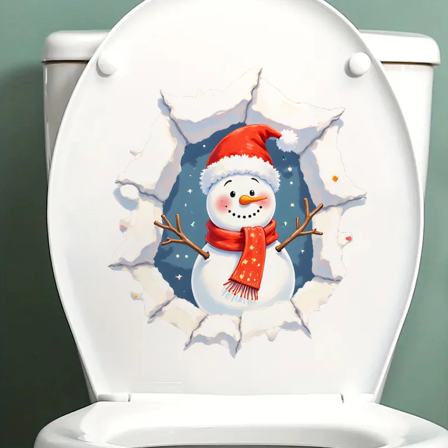 Charmantes Schneemann-Toilettenaufkleber mit Locheffekt – abnehmbare Weihnachtsmütze und roter Schal aus PVC, Sterne für Heim-Café-Homestay-Dekoration