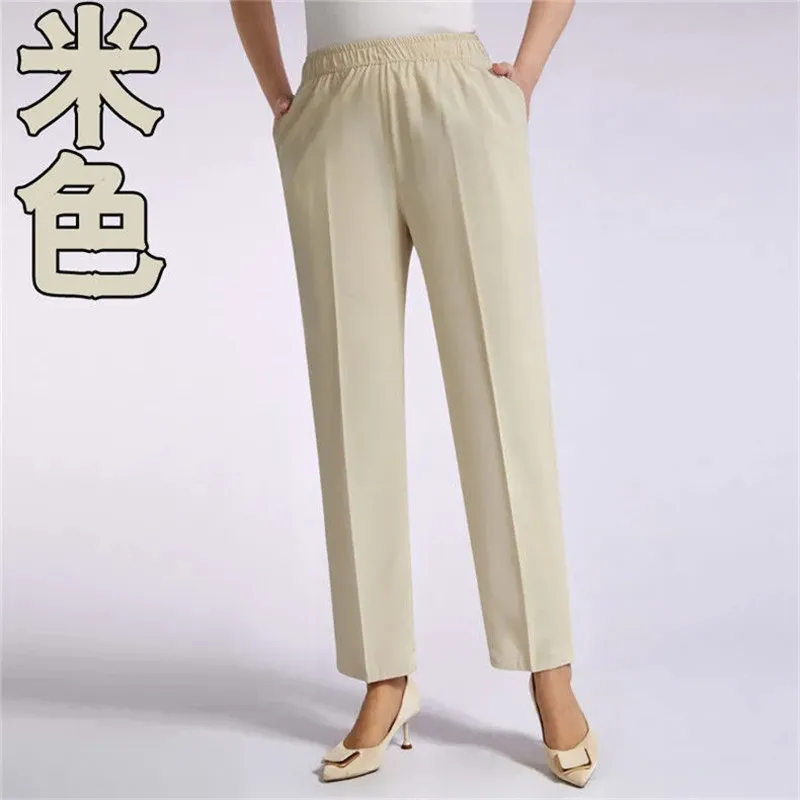 Middle Aged Elderly Women Spring Summer Pants Elastic Waist Thin Ice Silk Pants Female Comfortable Straight Pants Large Size 5XL