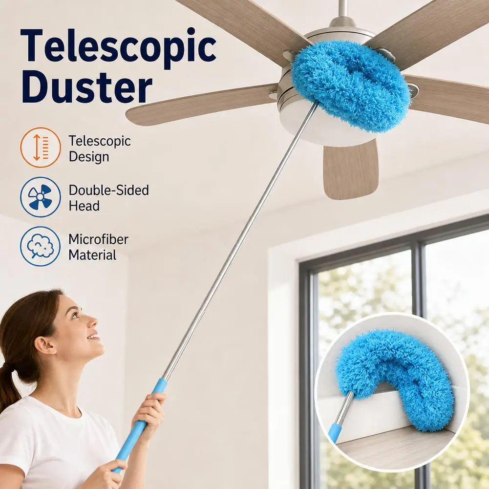 Extendable Telescopic Ceiling Fan Duster Microfiber Circular Cleaning Brush Stainless Steel Pole Household High Dust Remover