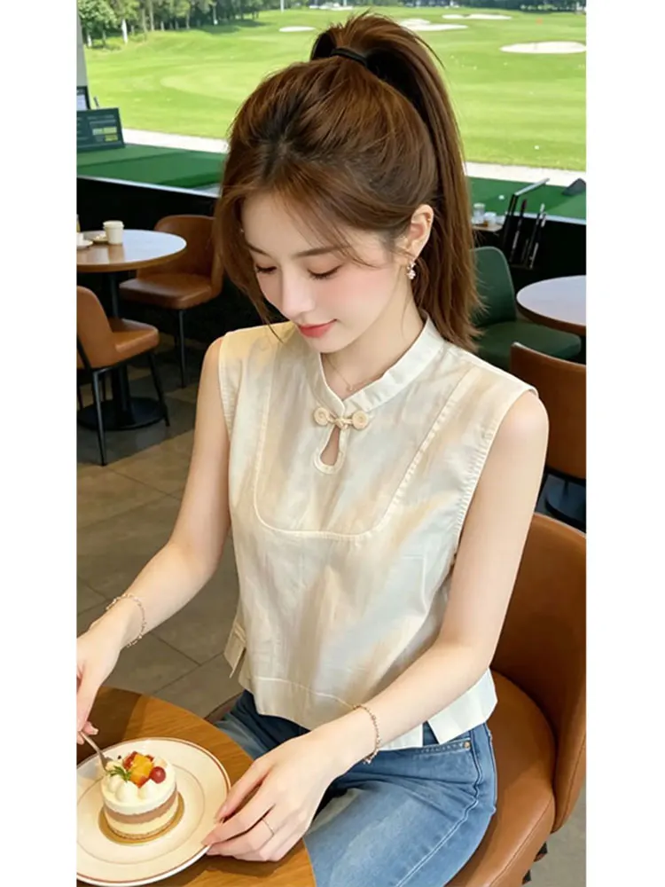 

New Chinese Style Stand Collar Buttonless Sleeveless Vest Women's Elegant Slimming Short National Style Top Summer New Women'...