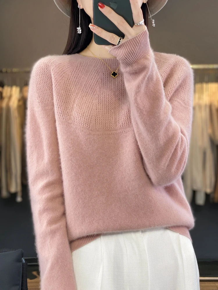 Sweater untuk wanita 100% Merino rajut wol leher O Pullover kasmir Hollow Out Raglan Lengan kasual hangat wanita musim gugur musim dingin