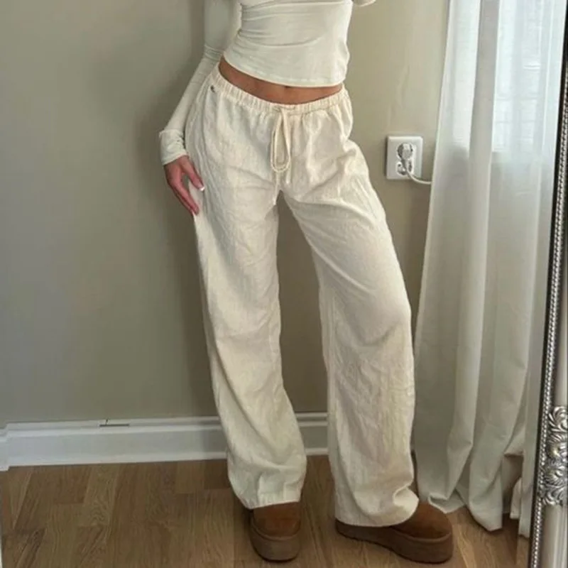 2025 New Casual Women's Solid Color Elastic Waist Tie-up Hemp Cotton Pants Hot Girl Street Comfortable Loose Pants Summer