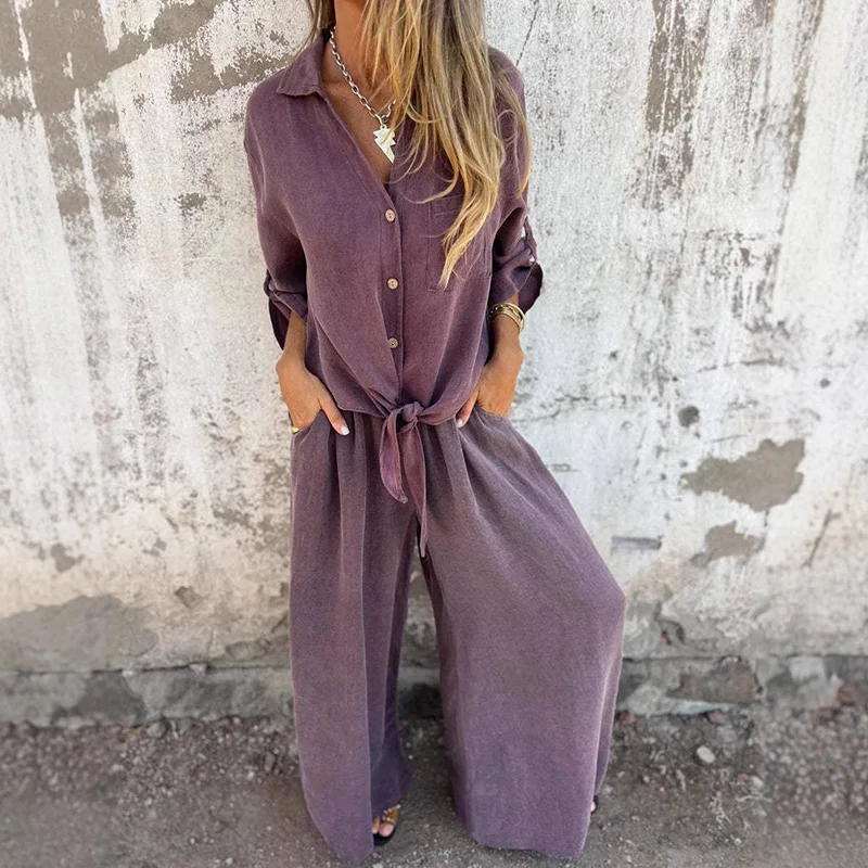 

Casual Women Vintage Loose 2 Piece Elegant Pocket Pants Commuting Sets New Lapel Single Breasted Shirts Long Pants Matching Set