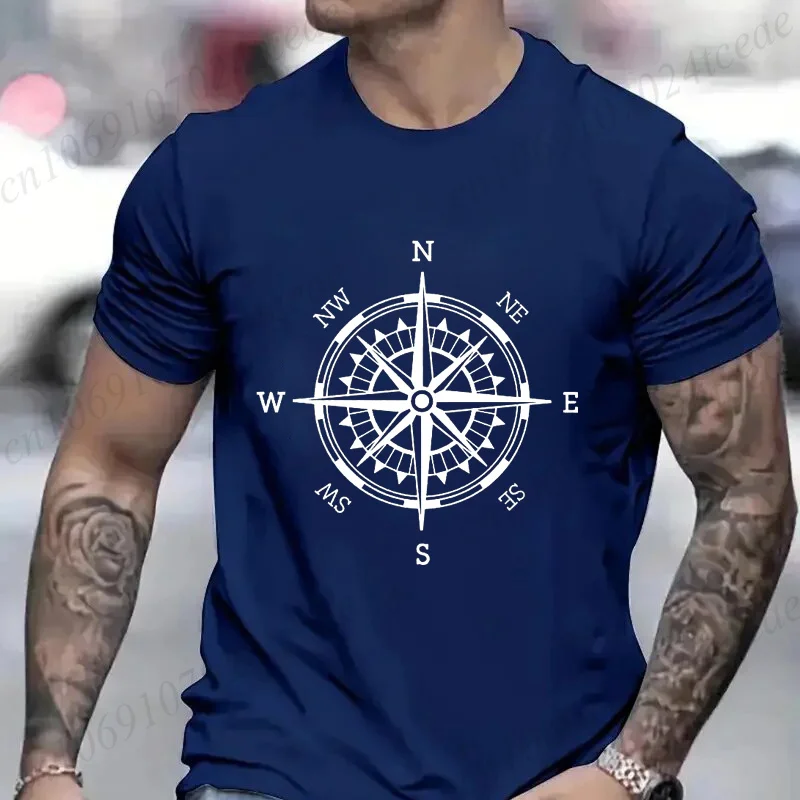 Men Vintage Compass T‑Shirt Nautical Navigation Rose Graphic Short Sleeve Crew Neck Casual Street Tops
