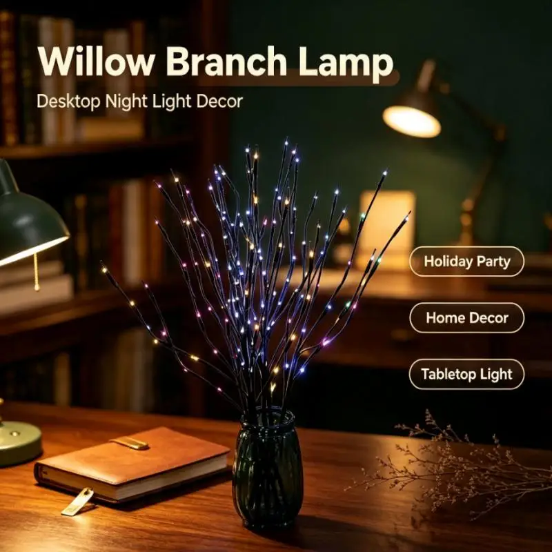 Willow Branch Lamp Black DIY Tree Battery Powered 24LED, Multicolor Tabletop Night for Holiday Party Home Desktop Decor