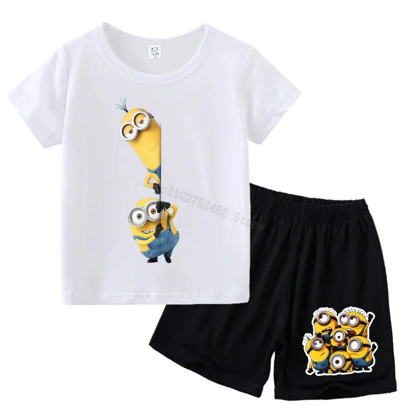 

Cartoon Figure Minionses T-shirt Shorts Set Tracksuit Yellow Tops Pants 2-piece Suit Despicabled Me 4 Kawaii Kids Tees Cotton