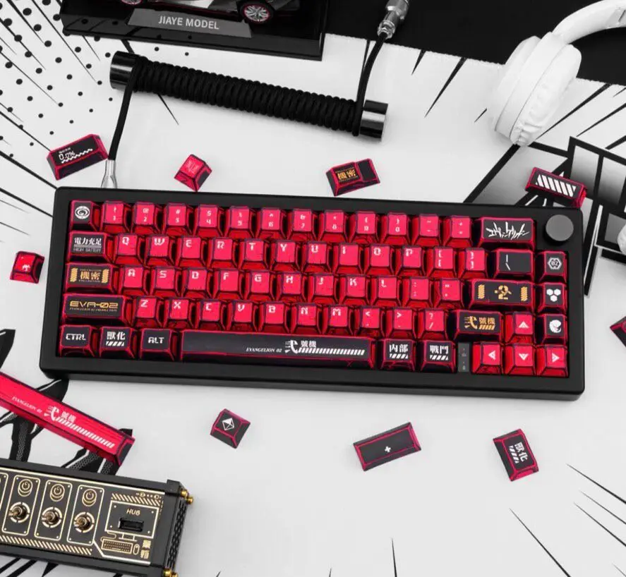 Custom Red White Mecha High-End Comic Keycaps, OEM PBT Dye-Sub Unique, for Gaming Mechanical Keyboard Decorative Keycaps