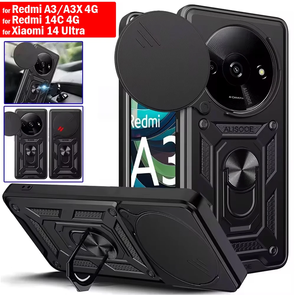 Armor Funda for Xiaomi 14 Ultra Redmi A3 A3X 14C 4G Case Slide Camera Ring Stand Protection Cover for Xiaomi Redmi 14C A3 Capa