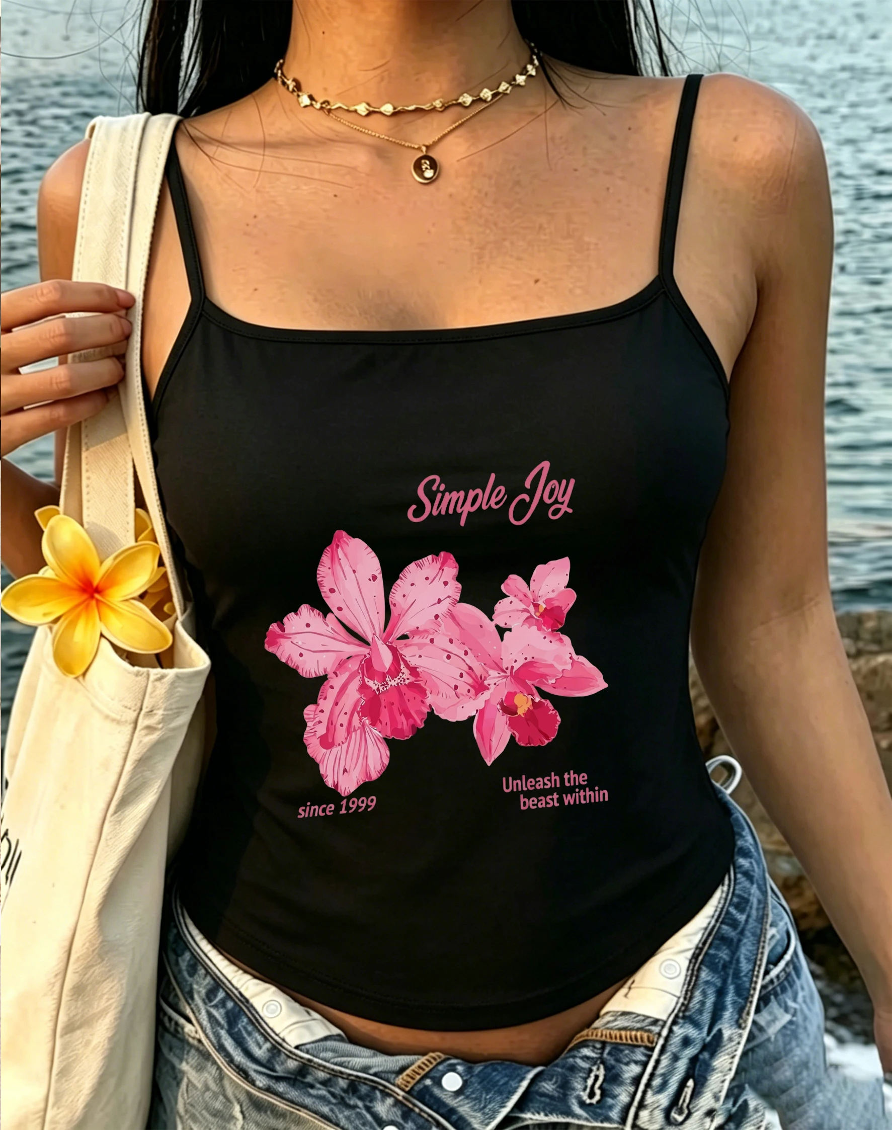 Womens Summer Spaghetti Strap Cami Top Casual Slender Tank Blouse with Sweet Orchid Floral Simple Joy Slogan Graphic Print